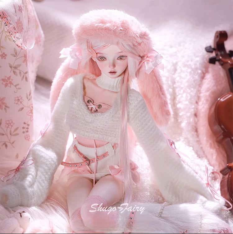 BJD Yurou – U1261 Official Girl Doll | Poseable Resin Doll with Pink Bunny-Ear Hat| Humanoid Figure| 1/4 Scale