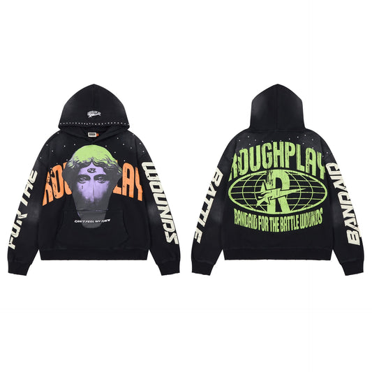 ROUGHPLAY Can't Feel My Face Graphic Oversized Hoodie – Vintage Washed Streetwear Pullover