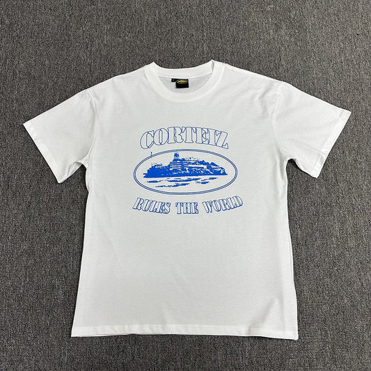 Blue Graphic Print White T-Shirt Unisex Streetwear Casual Short Sleeve Tee